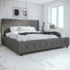Gray Linen King Platform Bed with Tufted Wingback Headboard - Mid-Century Style
