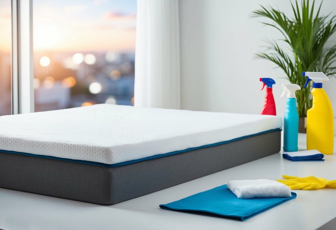 A mattress topper laid out on a flat surface with cleaning supplies nearby