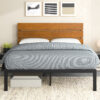Metal Platform Bed Frame with Bamboo Headboard, Queen Size, Natural Finish