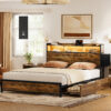 Rustic Brown Queen Bed Frame with LED Headboard, USB Ports & Storage Drawers