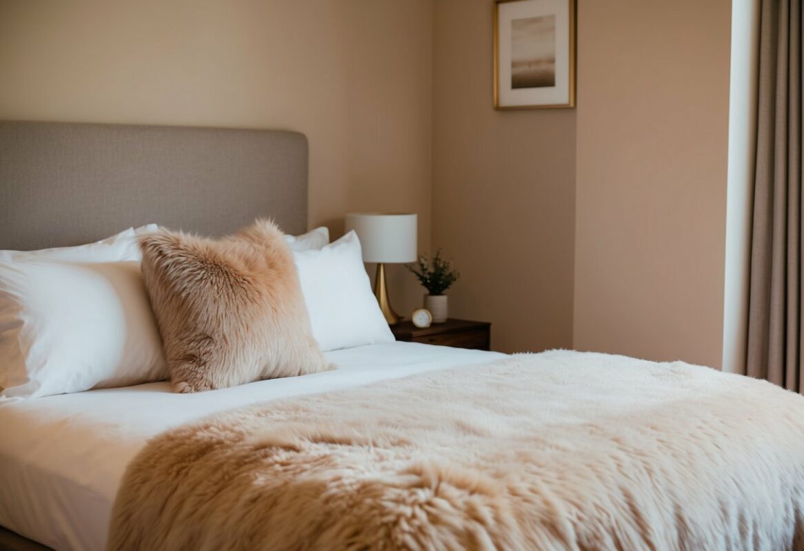 A cozy bedroom with a neatly made bed, featuring a fluffy duvet cover in a soft, warm color scheme